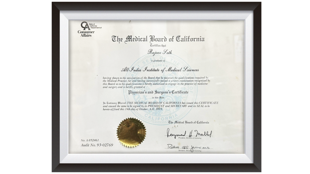 Physician's & Surgeon's Certificate, State of California, Department of Consumer Affairs